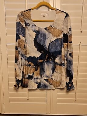 Chico's Foil Ocean Print, Navy, White & Gold Abstract Pleated Scoop Neck Top